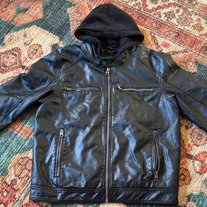 Men's Guess Black Imitation Leather Bomber Jacket with Hood